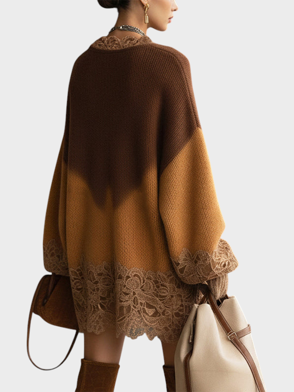 Mille | Brown Ombre Knitted Lace Oversized Mini Dress With Long Sleeves