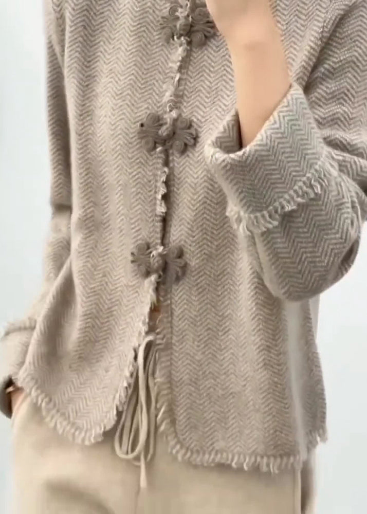 Liu - Chinese Light Camel Grey Stand Collar Button Knit Coats Long Sleeve