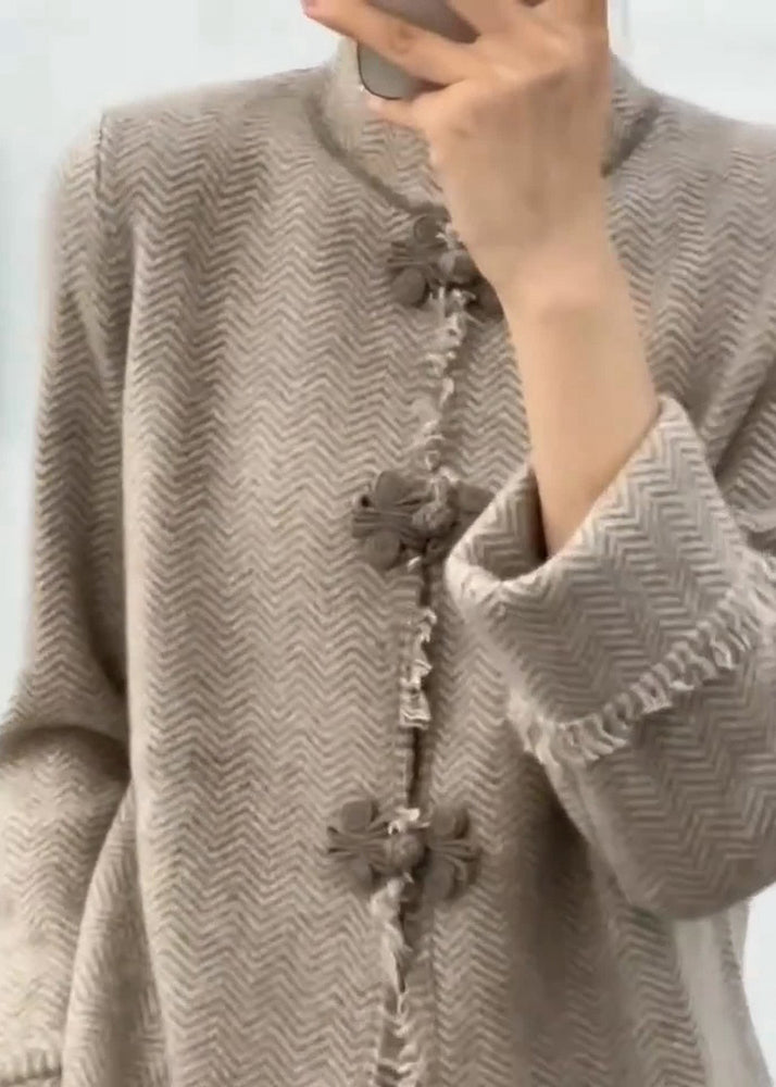 Liu - Chinese Light Camel Grey Stand Collar Button Knit Coats Long Sleeve