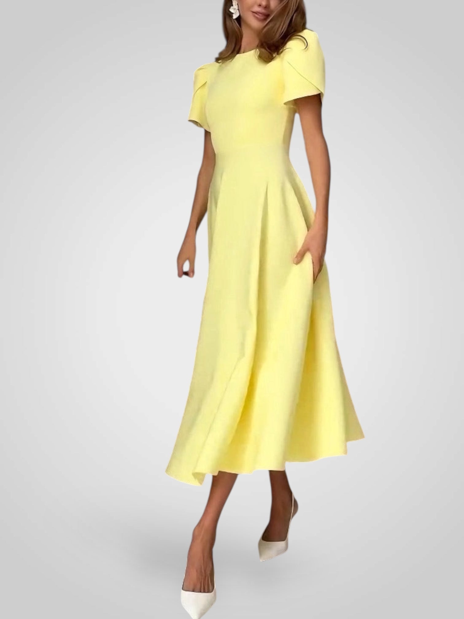 Elegant Midi Dress with High Neck and Bud Sleeves