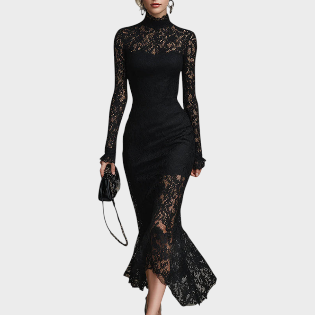 Fern | Elegant Black Stretch Lace Fishtail Maxi Dress