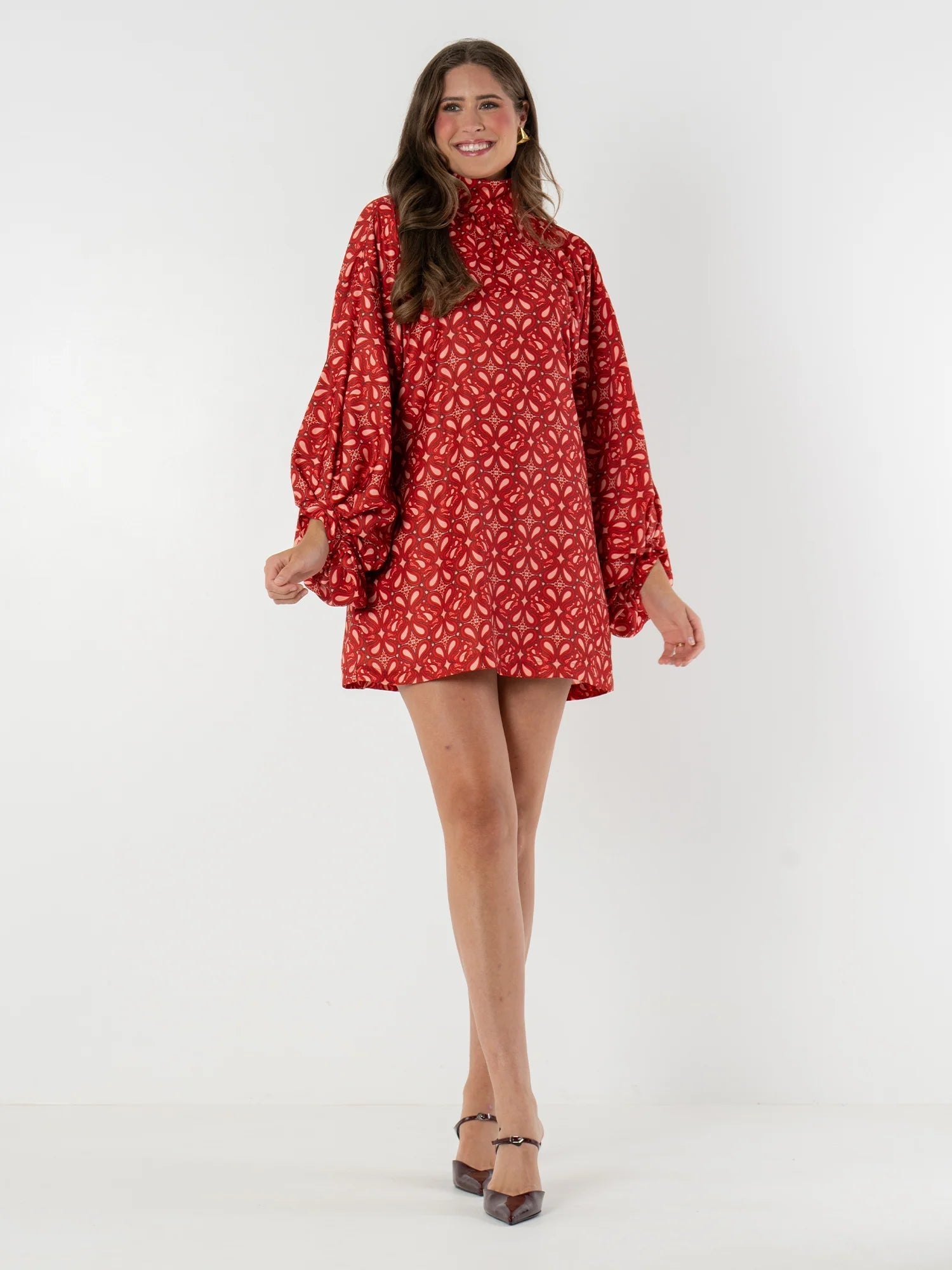 Kayla - Bohemian High Neck Lantern Sleeve Mini Dress