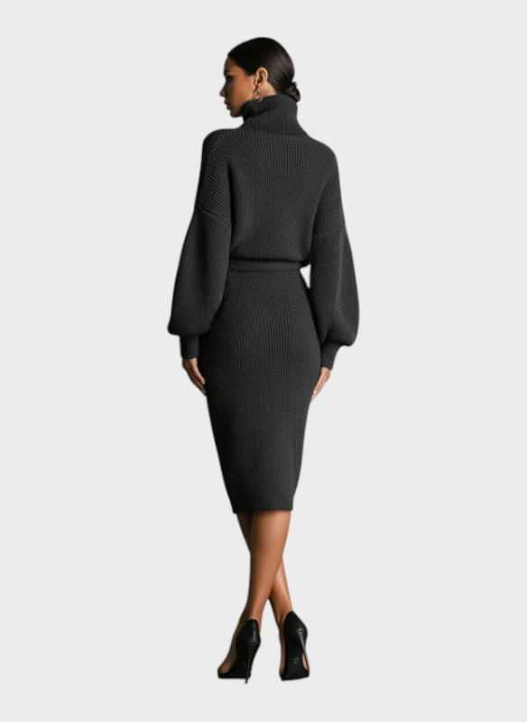 Bettina | Women's Khaki Knitted Midi Dress with High Neck and Oversized Silhouette