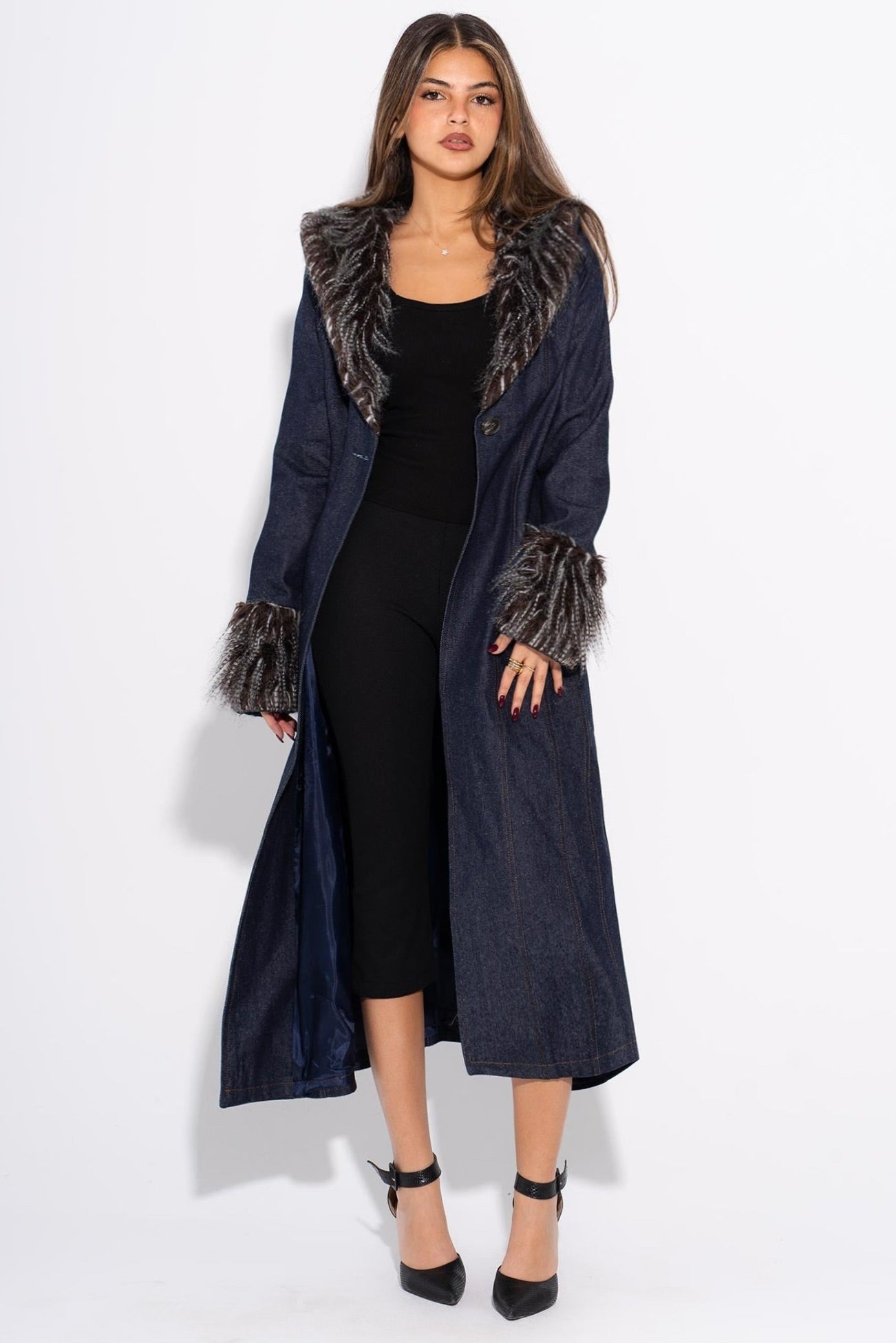 Evlampia | Denim Coat with Fur - Black