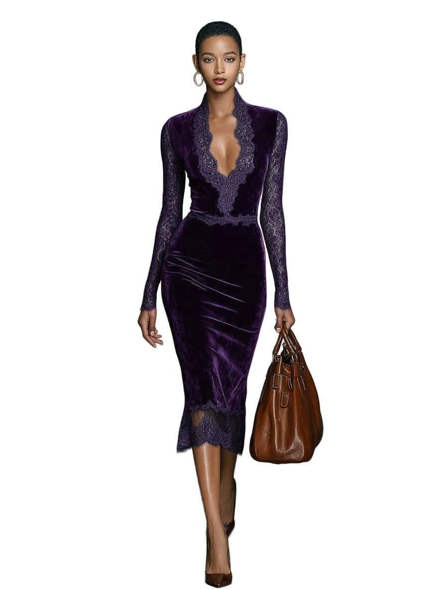 Barbara | Elegant Dark Blue Velvet Slim-fit V-neck Midi Dress With Lace Trim At The Neckline And Sleeves