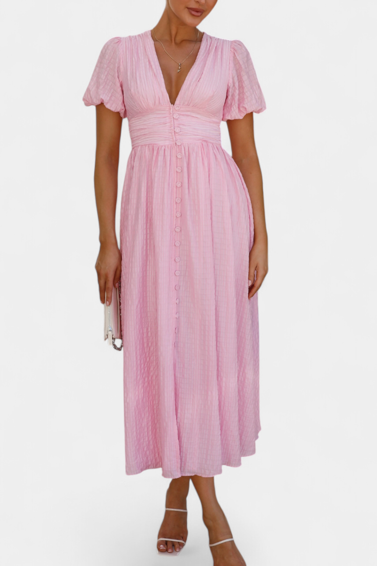Mélia Maxi Dress with V-Neck and Puff Sleeves