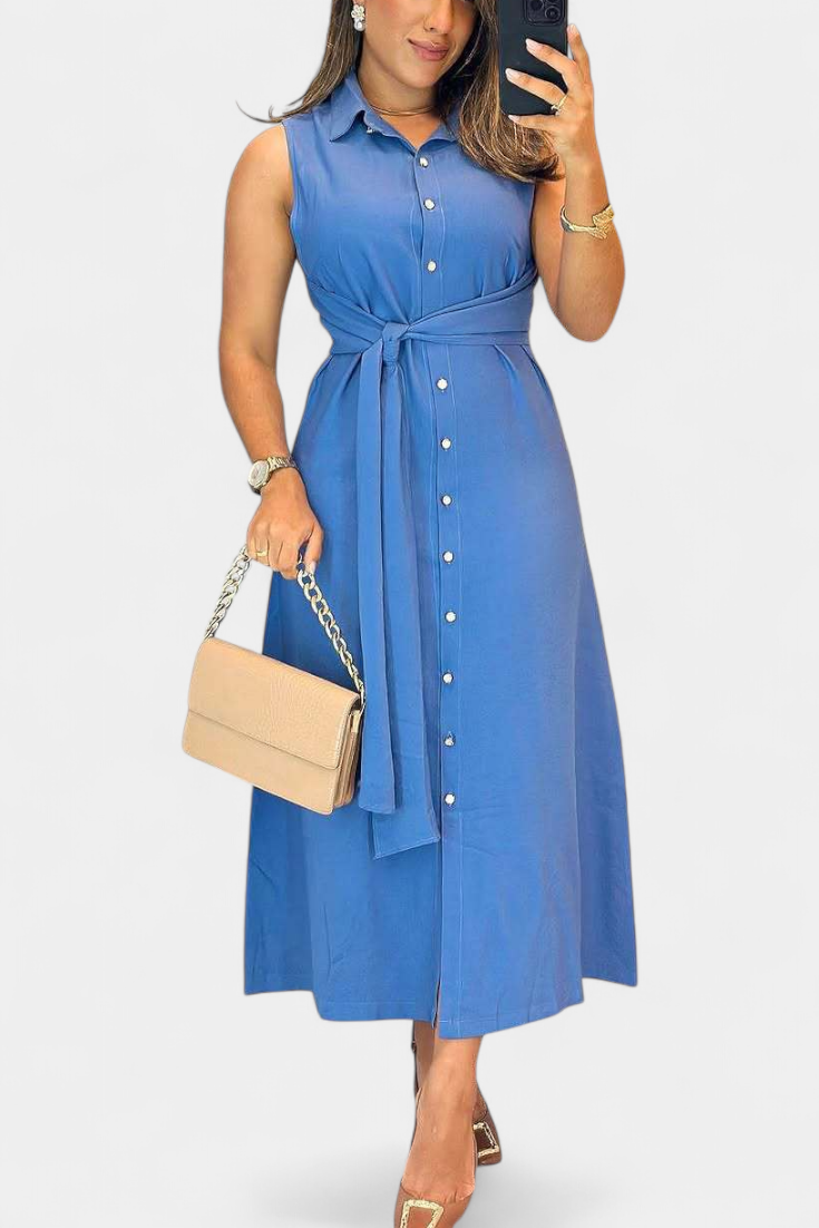 Behnaz Elegant Sleeveless Dress with Belt and Shirt Collar