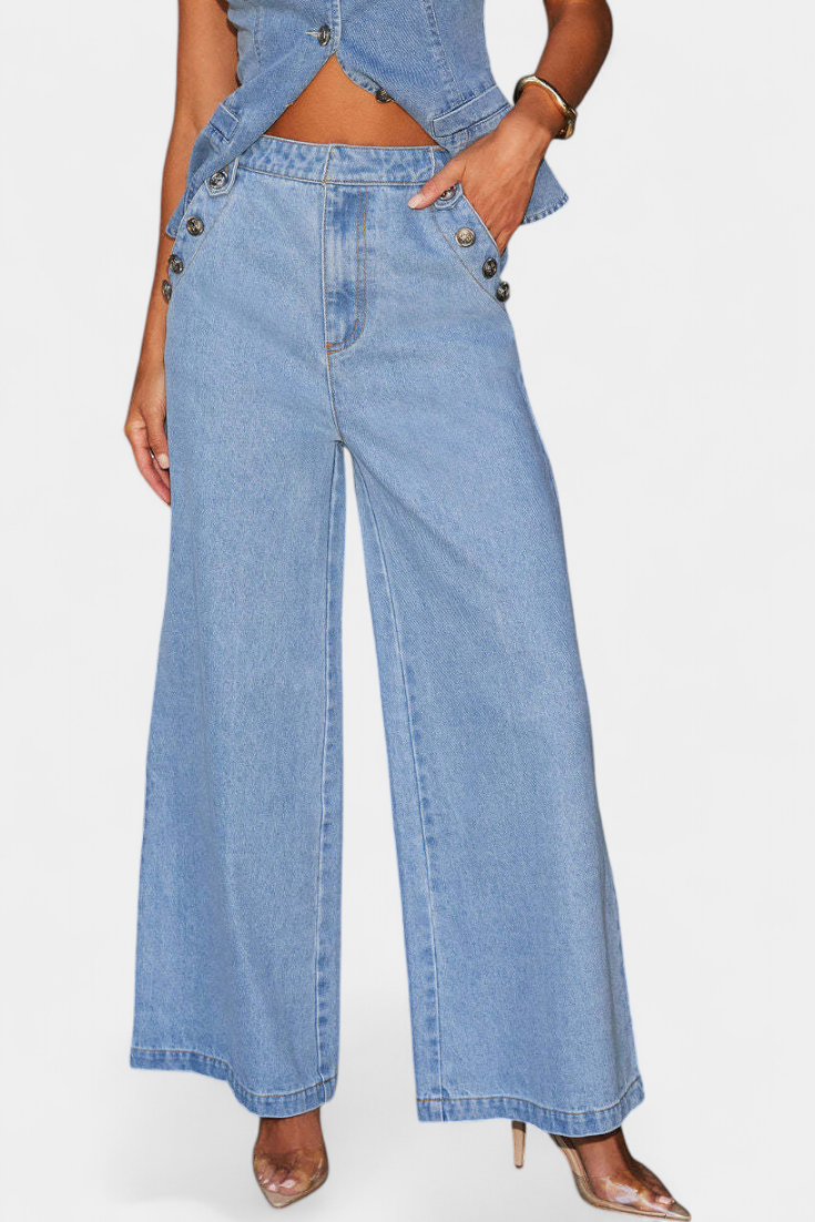 Ludovica Denim Set with Fitted Vest and Wide Leg Pants