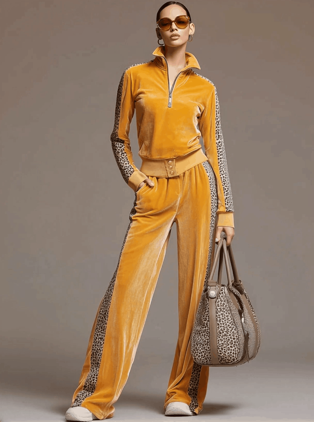 Coleen | Casual Sporty Retro Leopard Print Trim Yellow Velvet Sweatshirt Wide-Leg Pants Set