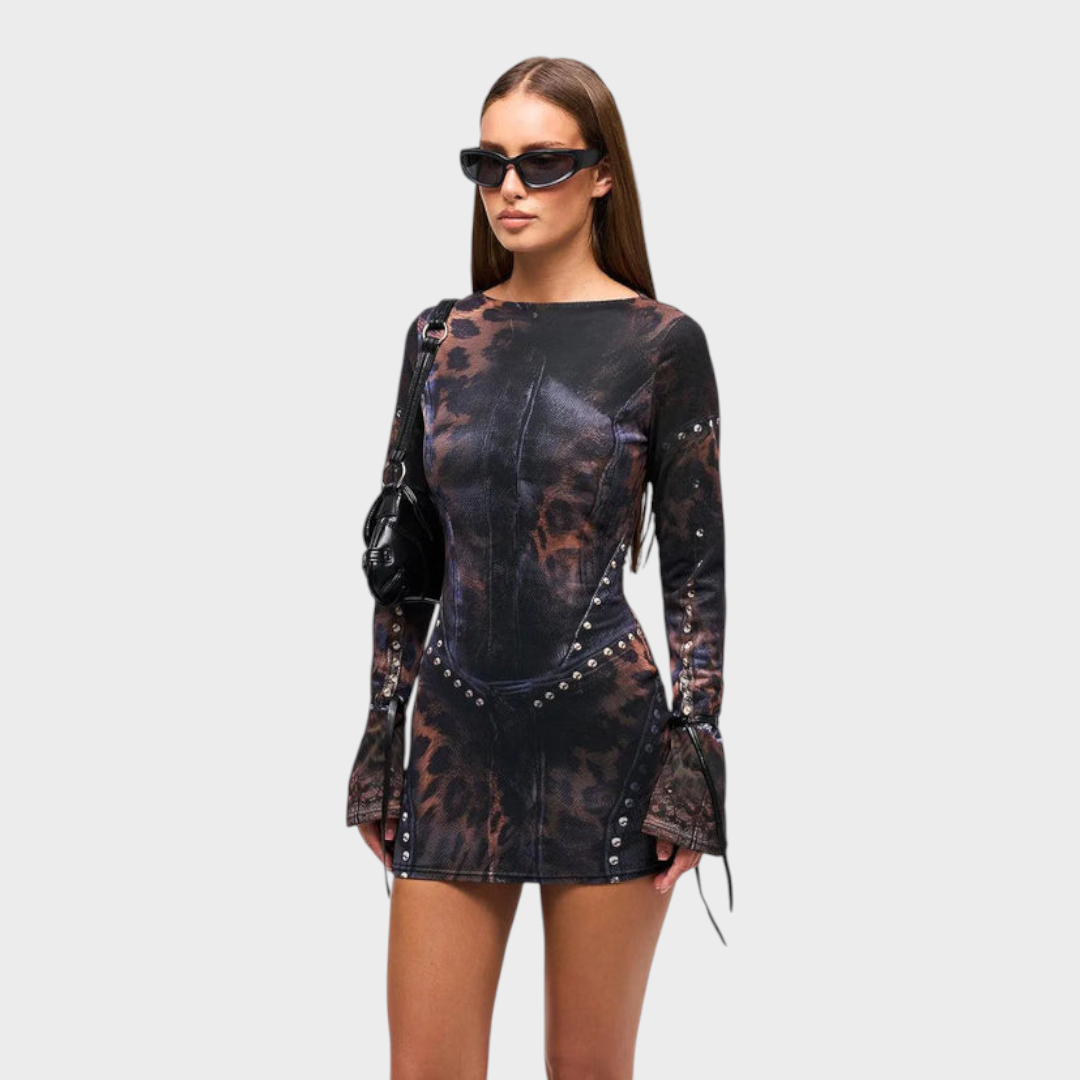 Rikkia | Mesh Leopard Print Tie-up Long Sleeve Mini Dress