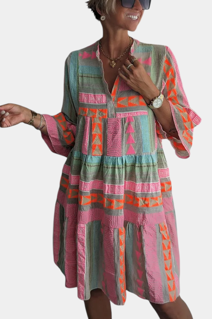 Gina Boho Embroidered Dress with V Neckline