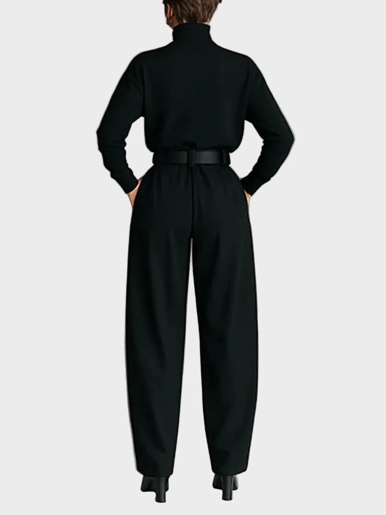 Amara | Two-piece set with a solid black long-sleeve turtleneck top and straight-leg trousers.