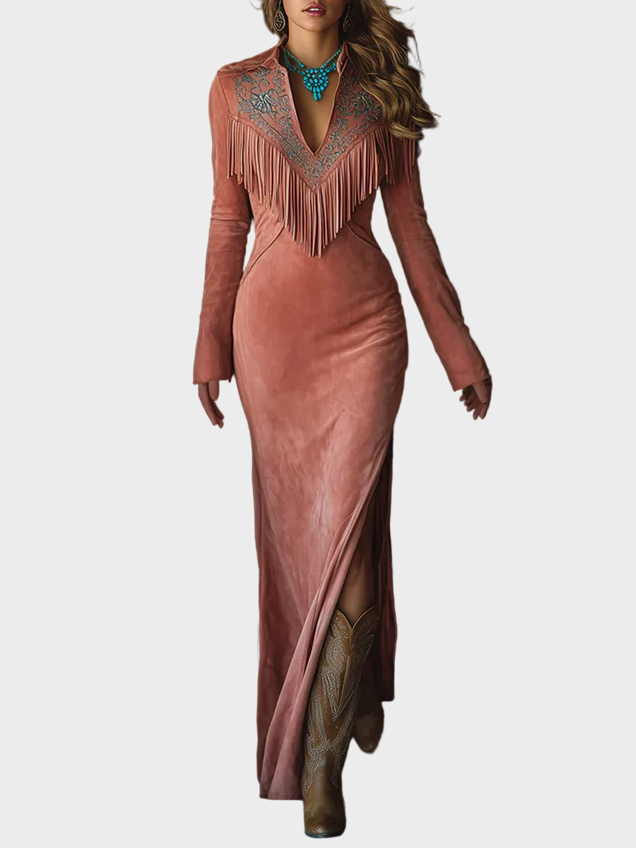 Univa | Vintage Western Maxi Dress in Pink Faux Suede with Embroidery and Tassels