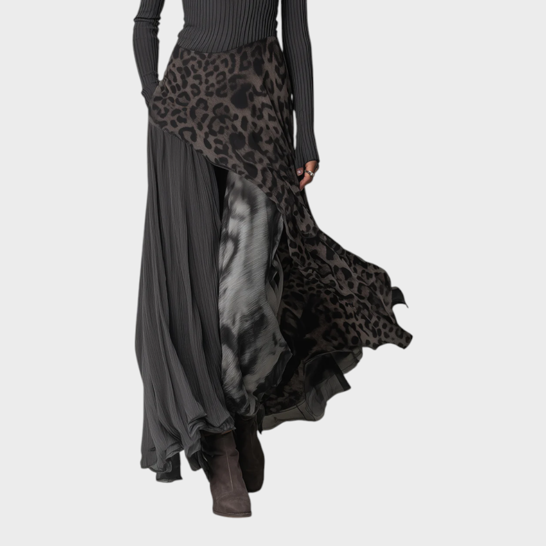 Jazzlyn | Grey Pit Stripe Leopard Print Splicing Irregular Hem Maxi Dress