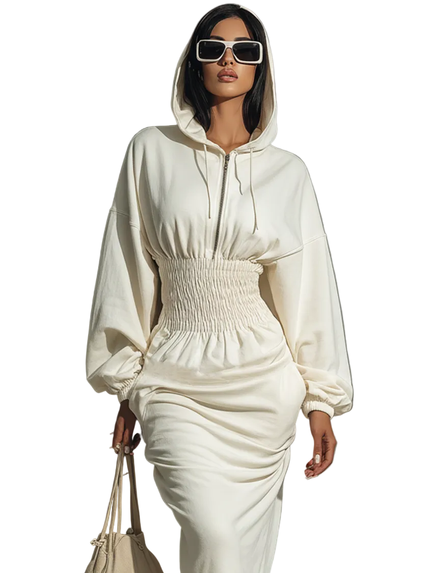Rachel | Women's Minimalist Waist Shirring Hooded Sweatshirt Maxi Dress