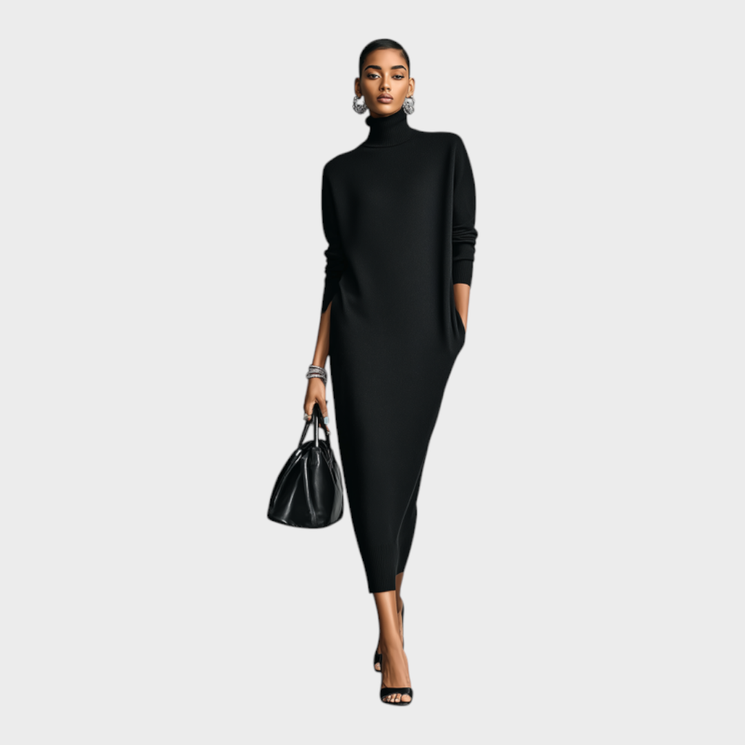 Caitlin | Women's Elegant Black Knit Dress with Turtleneck, Long Sleeves, Relaxed Fit