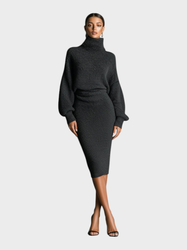 Bettina | Women's Khaki Knitted Midi Dress with High Neck and Oversized Silhouette