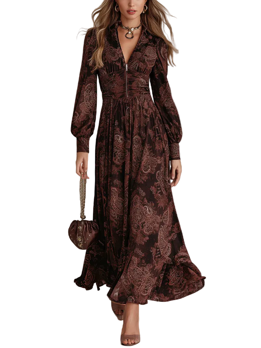 Amelia - Maxi Dress with Paisley Pattern and Zipper (Paisley Zip Maxi Dress)