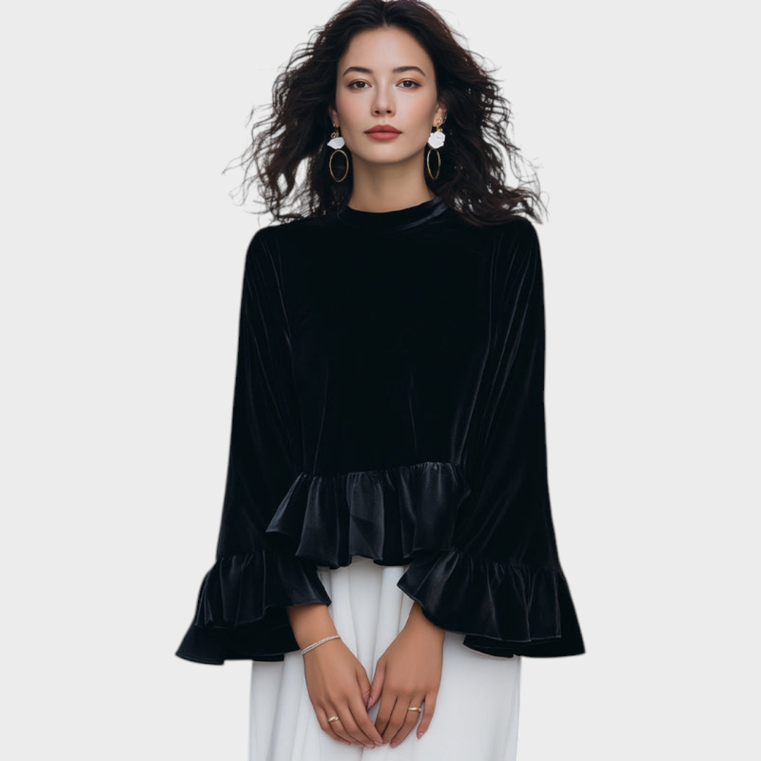 Moira | Velvet Blouse with Round Neck and Stripes