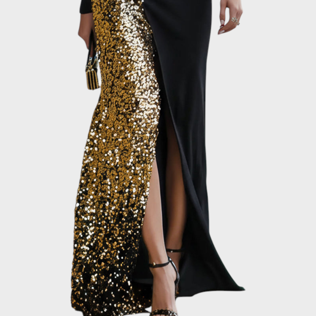 Jemaica | Elegant Black And Gold Maxi Dress With Rhinestones And High Neck