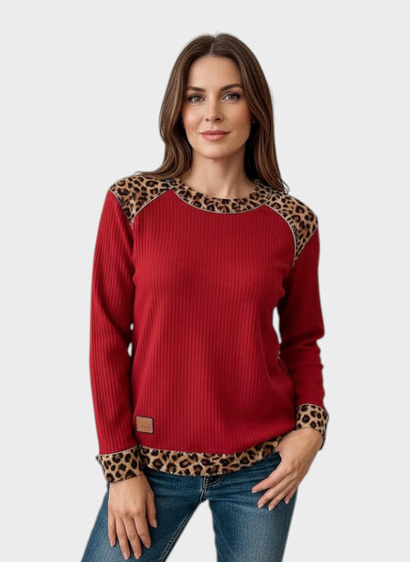 Cindy | Women's Casual Sweatshirt with Leopard Pattern - Red / S