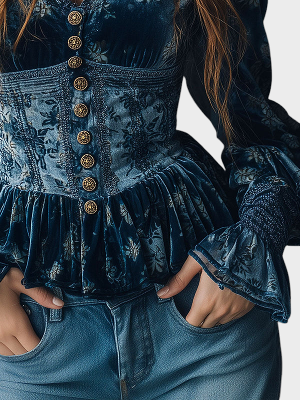 Marilena | Vintage Blue Velvet Blouse with Flowers in Corset Style