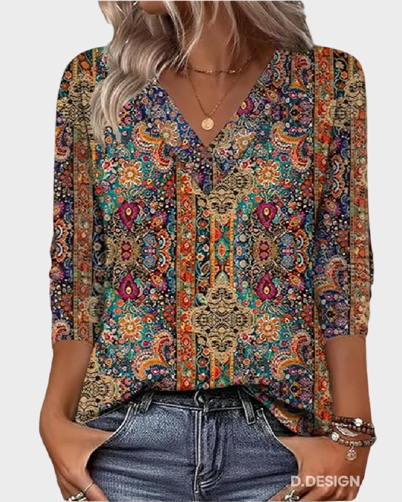 Tabbs | Retro Printed Blouse V-Neck