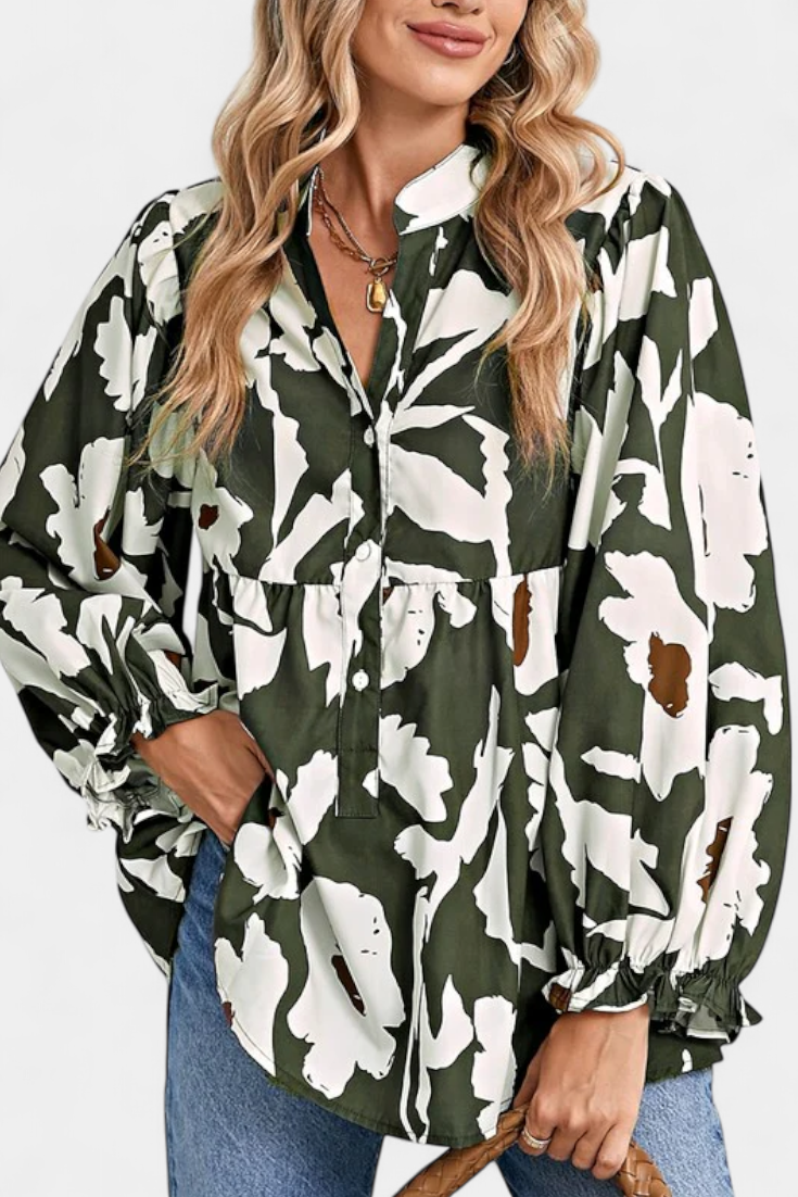 Filomena Blouse with Half Buttons, Puff Sleeves and Abstract Floral Pattern