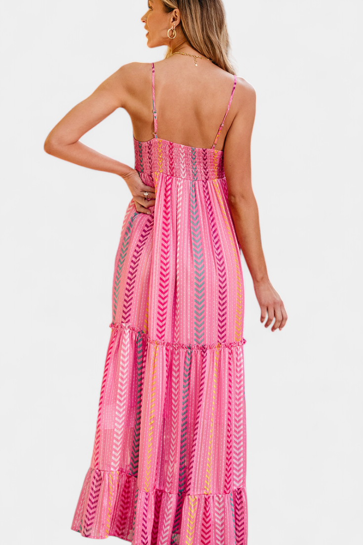 Asunción Long Pink Dress with Multicolored Stripes