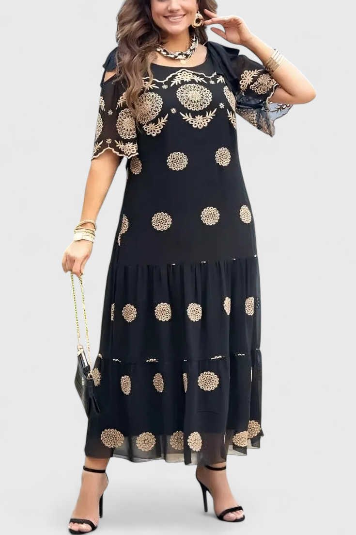 Cathy Elegant Summer Dress in Net with Openings and a Flowing Line