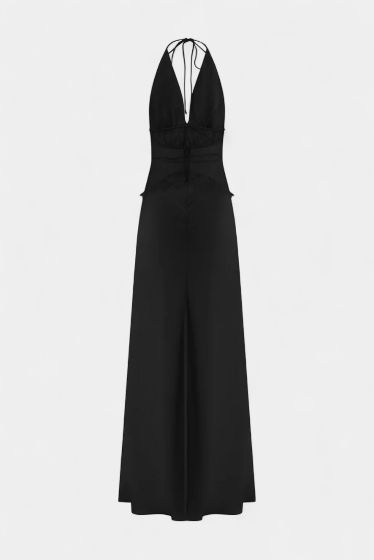 Ashanty Long Dress with Neckline and Sheer Lace at the Waist