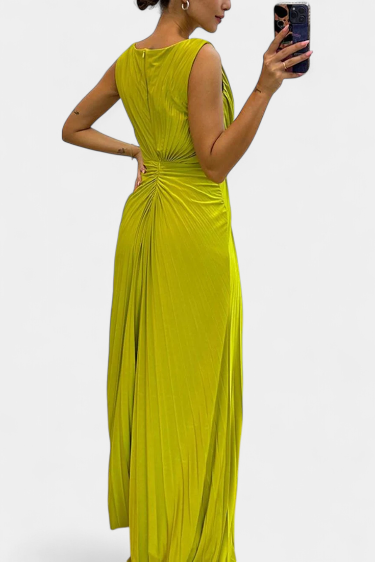 Shiloh Pleated Maxi Dress with Side Slit and Crisscross Neckline