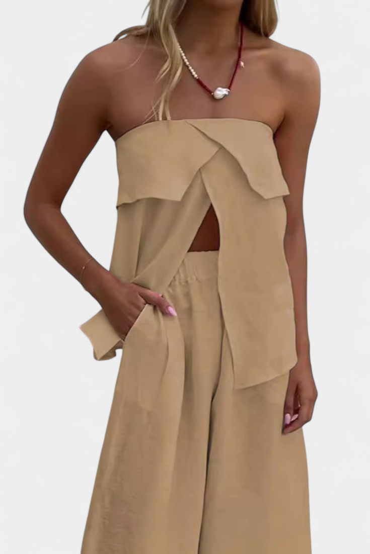 Oriana Strapless Set with Ripped Skirt in Solid Color Design