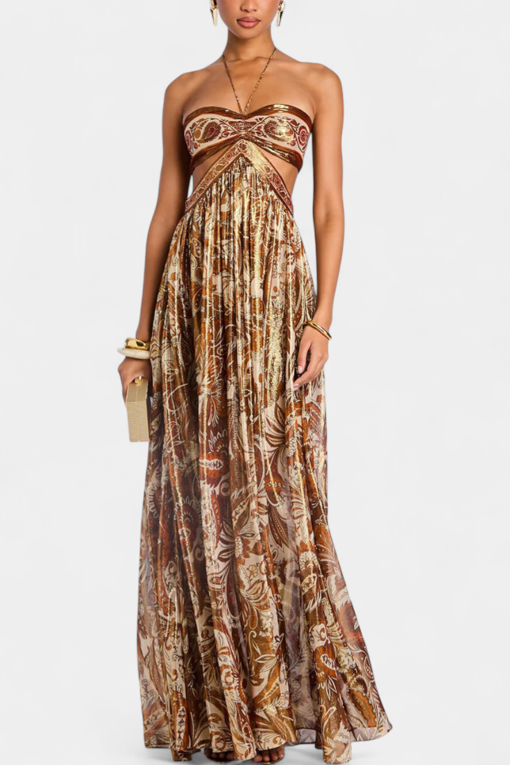 Maxi Dress with Tie Neck, Open Back and Cutouts