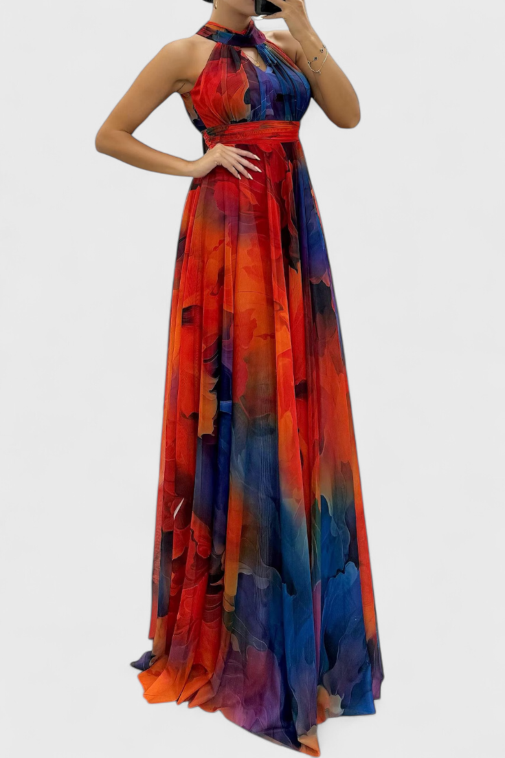 Floral Chiffon Maxi Dress with Tie Neck