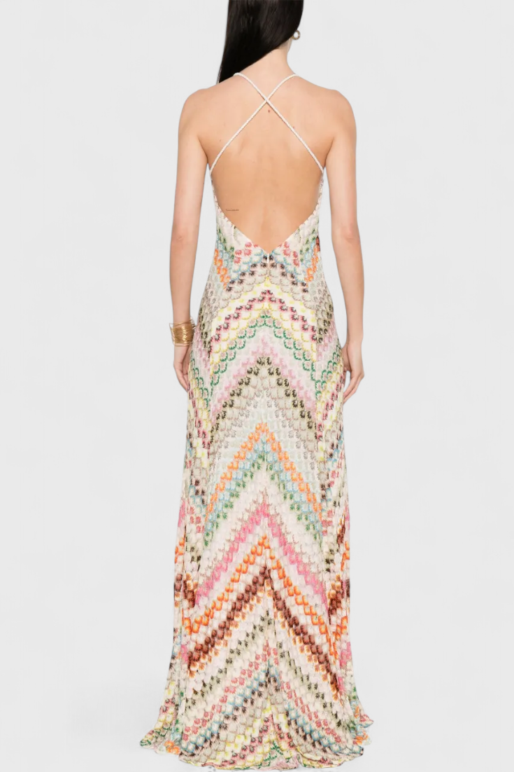 Agustina Long lace dress with V-neck and zigzag pattern
