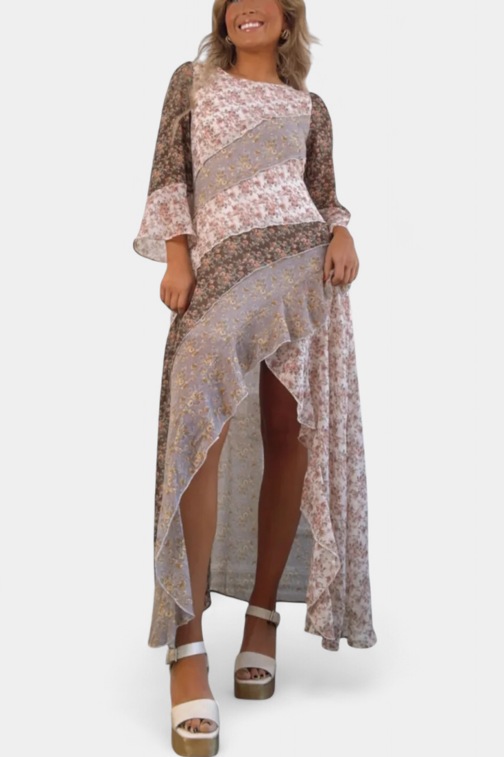 Ruth Long Floral Dress with 3/4 Sleeves and Ruffles