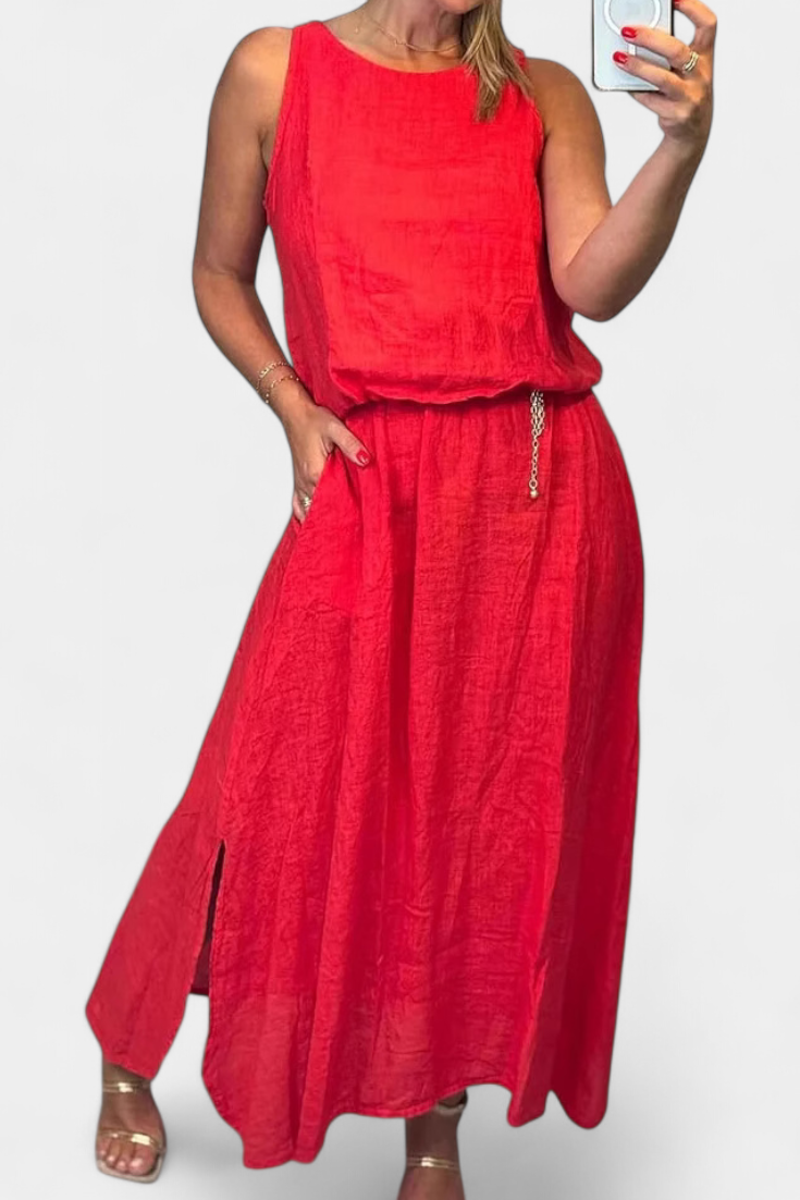 Meliora Linen and Cotton Set with Sleeveless Vest and Skirt