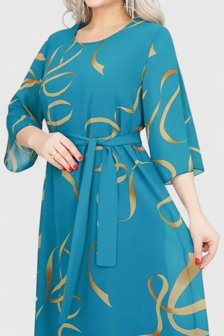 Amelie Midi Dress with Print, Belt and Flexible Cut