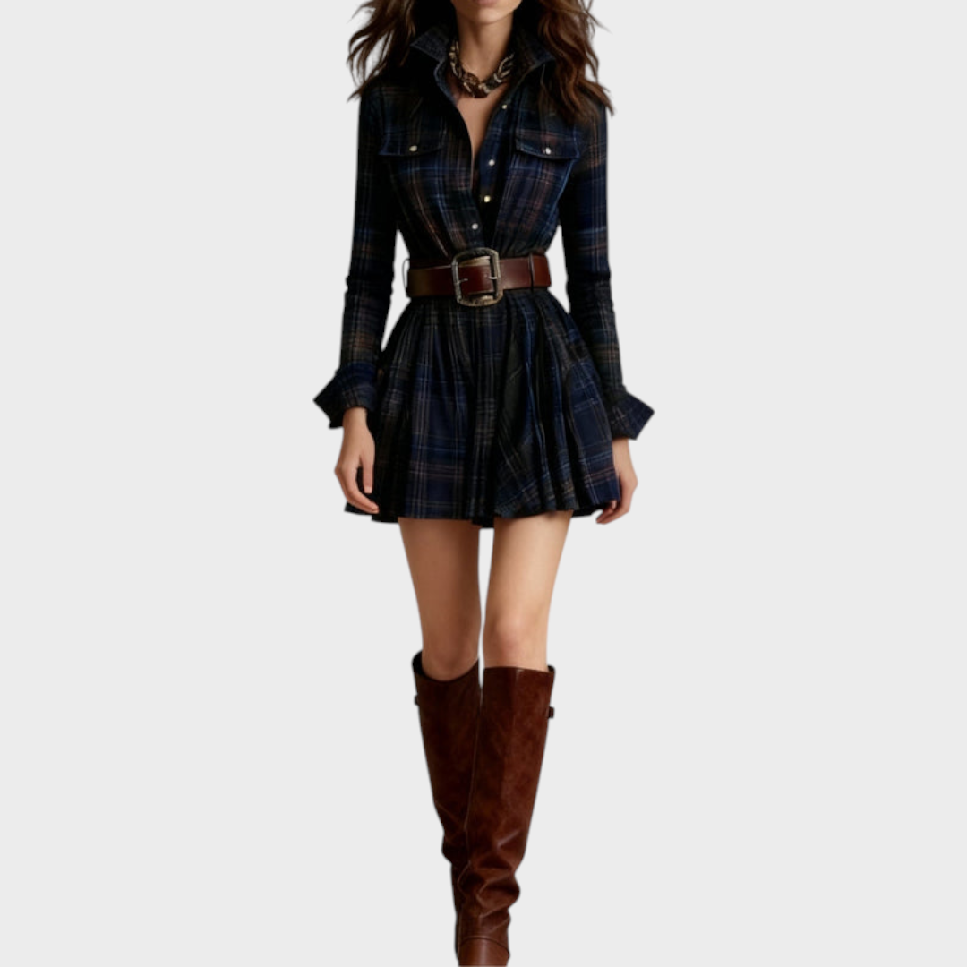 Brenna | Vintage Mini Dress with Collar in Red and Brown Check (Includes belt)