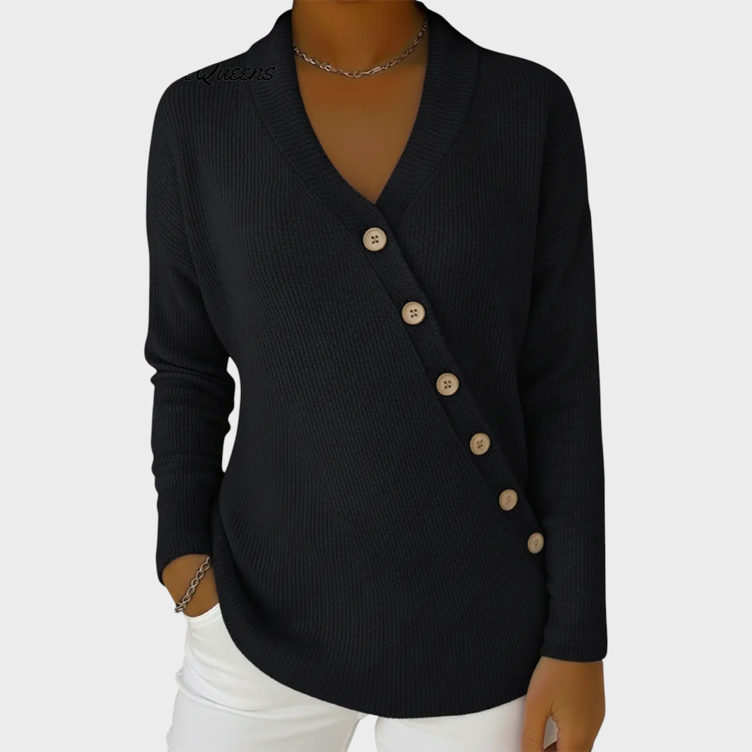 Rizza | Casual solid color sweater with V-neck and slanted buttons