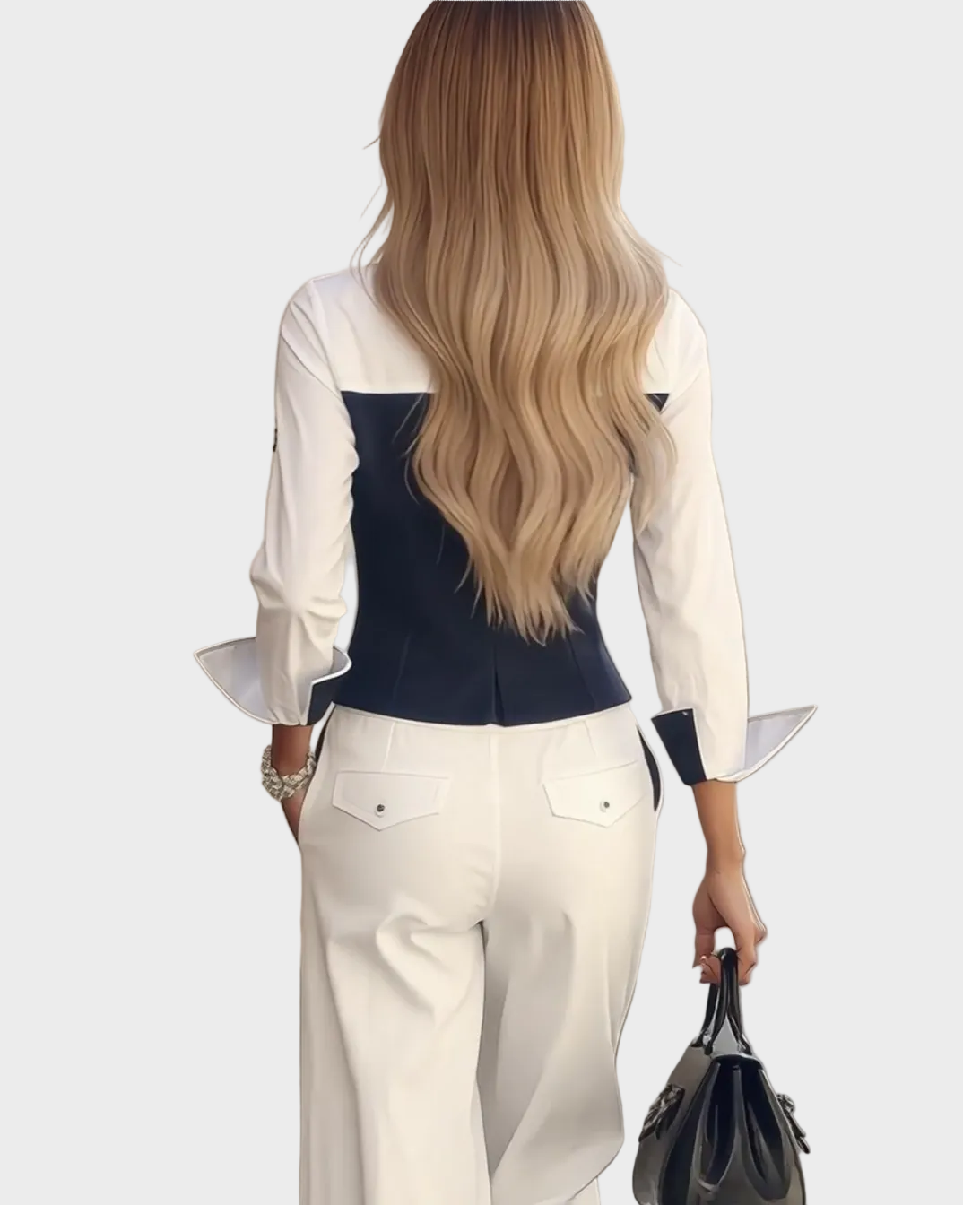 Arla | White And Navy Paneled Shirt & Wide-Leg Pants Set